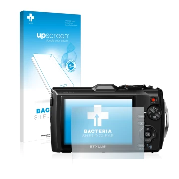 Vorderseite einer Produktverpackung mit dem Markenlogo upscreen. Daneben ist das Gerät Olympus Stylus Tough TG-3 mit dem zugeh