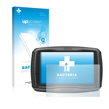 Vorderseite einer Produktverpackung mit dem Markenlogo upscreen. Daneben ist das Gerät Garmin zumo 590LM mit dem zugehörigen D