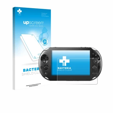 Vorderseite einer Produktverpackung mit dem Markenlogo upscreen. Daneben ist das Gerät Sony Playstation PS Vita Slim mit dem z