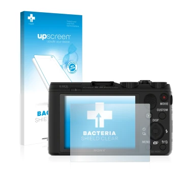 Vorderseite einer Produktverpackung mit dem Markenlogo upscreen. Daneben ist das Gerät Sony Cyber-Shot DSC-HX50 mit dem zugehö