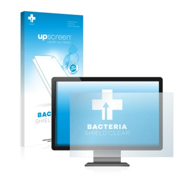 Vorderseite einer Produktverpackung mit dem Markenlogo upscreen. Daneben ist das Gerät mit dem zugehörigen Displayschutz abgeb