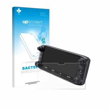 Vorderseite einer Produktverpackung mit dem Markenlogo upscreen. Daneben ist das Gerät Icom ID-5100 mit dem zugehörigen Displa