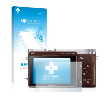 Vorderseite einer Produktverpackung mit dem Markenlogo upscreen. Daneben ist das Gerät Samsung NX3000 mit dem zugehörigen Disp