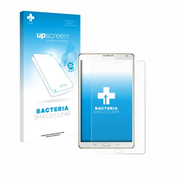 Vorderseite einer Produktverpackung mit dem Markenlogo upscreen. Daneben ist das Gerät Samsung Galaxy Tab S 8.4 SM-T705 mit de