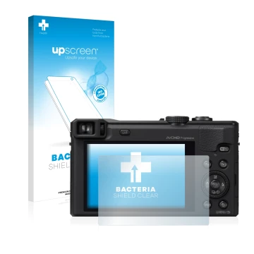 Vorderseite einer Produktverpackung mit dem Markenlogo upscreen. Daneben ist das Gerät Panasonic Lumix DMC-TZ60 mit dem zugehö