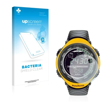 Vorderseite einer Produktverpackung mit dem Markenlogo upscreen. Daneben ist das Gerät Suunto Vector Yellow mit dem zugehörige