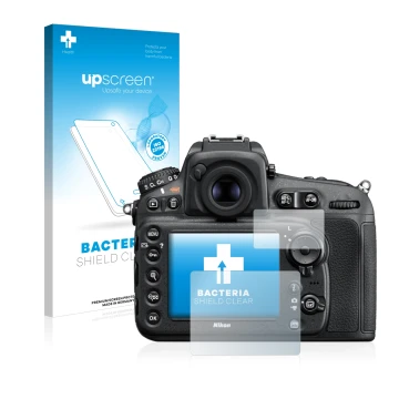 Vorderseite einer Produktverpackung mit dem Markenlogo upscreen. Daneben ist das Gerät Nikon D810 mit dem zugehörigen Displays