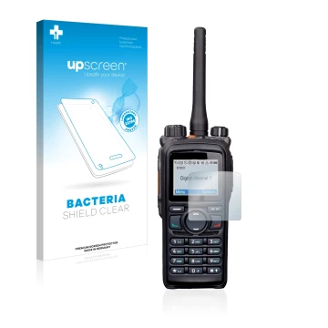 Vorderseite einer Produktverpackung mit dem Markenlogo upscreen. Daneben ist das Gerät Hytera PD785 mit dem zugehörigen Displa