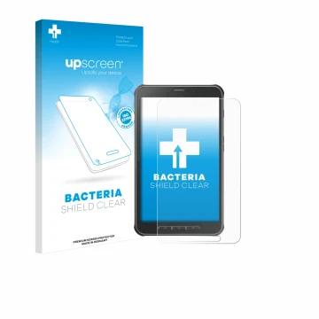 Vorderseite einer Produktverpackung mit dem Markenlogo upscreen. Daneben ist das Gerät Samsung Galaxy Tab Active SM-T365 mit d