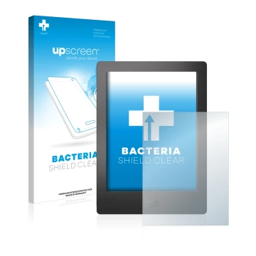 Vorderseite einer Produktverpackung mit dem Markenlogo upscreen. Daneben ist das Gerät Kobo Aura H2O mit dem zugehörigen Displ