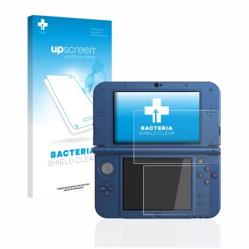 Vorderseite einer Produktverpackung mit dem Markenlogo upscreen. Daneben ist das Gerät Nintendo New 3DS XL mit dem zugehörigen