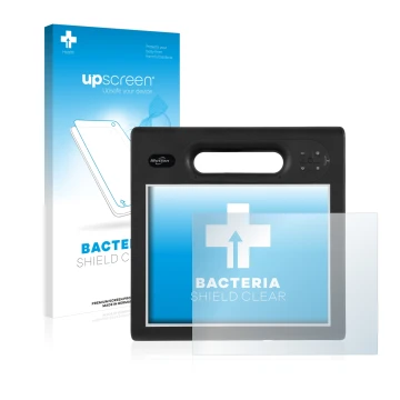 Vorderseite einer Produktverpackung mit dem Markenlogo upscreen. Daneben ist das Gerät Motion Computing F5t mit dem zugehörige