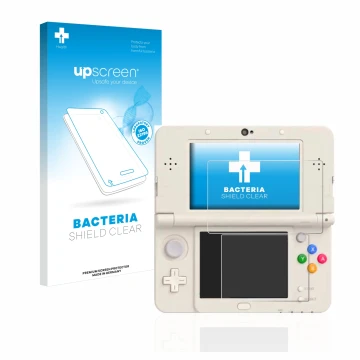 Vorderseite einer Produktverpackung mit dem Markenlogo upscreen. Daneben ist das Gerät Nintendo New 3DS mit dem zugehörigen Di