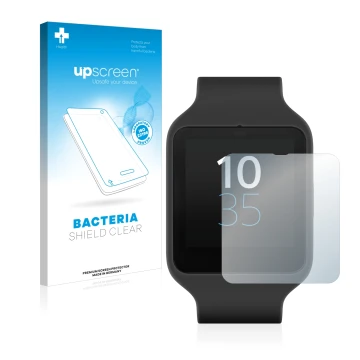 Vorderseite einer Produktverpackung mit dem Markenlogo upscreen. Daneben ist das Gerät Sony Smartwatch 3 SWR50 mit dem zugehör