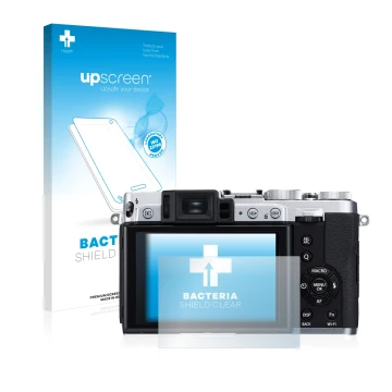 Vorderseite einer Produktverpackung mit dem Markenlogo upscreen. Daneben ist das Gerät Fujifilm X30 mit dem zugehörigen Displa