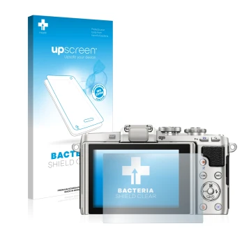 Vorderseite einer Produktverpackung mit dem Markenlogo upscreen. Daneben ist das Gerät Olympus PEN E-PL7 mit dem zugehörigen D