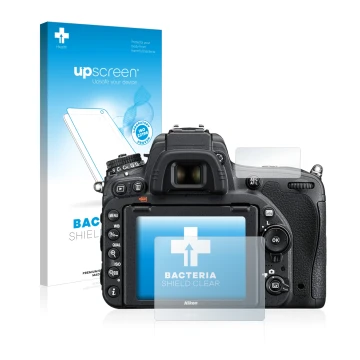 Vorderseite einer Produktverpackung mit dem Markenlogo upscreen. Daneben ist das Gerät Nikon D750 mit dem zugehörigen Displays
