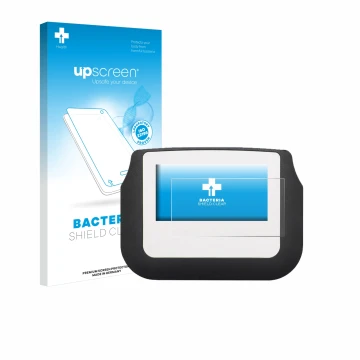 Vorderseite einer Produktverpackung mit dem Markenlogo upscreen. Daneben ist das Gerät Signotec Signature Pad Sigma mit dem zu