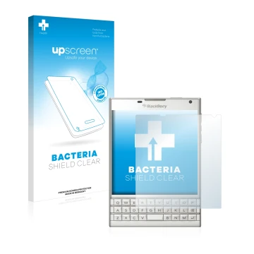 Vorderseite einer Produktverpackung mit dem Markenlogo upscreen. Daneben ist das Gerät BlackBerry Passport mit dem zugehörigen