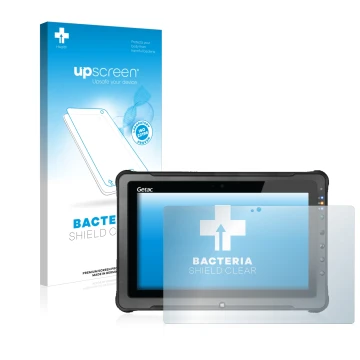 Vorderseite einer Produktverpackung mit dem Markenlogo upscreen. Daneben ist das Gerät Getac F110 G5 mit dem zugehörigen Displ