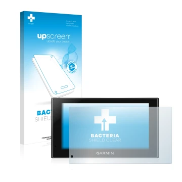 Vorderseite einer Produktverpackung mit dem Markenlogo upscreen. Daneben ist das Gerät Garmin nüvi 2699LMT-D mit dem zugehörig