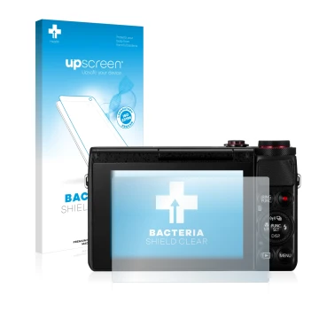 Vorderseite einer Produktverpackung mit dem Markenlogo upscreen. Daneben ist das Gerät Canon PowerShot G7 X G7X mit dem zugehö