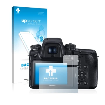 Vorderseite einer Produktverpackung mit dem Markenlogo upscreen. Daneben ist das Gerät Samsung NX1 mit dem zugehörigen Display