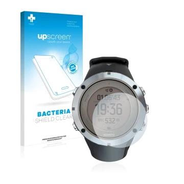 Vorderseite einer Produktverpackung mit dem Markenlogo upscreen. Daneben ist das Gerät Suunto Ambit3 Peak Sapphire mit dem zug