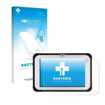 Vorderseite einer Produktverpackung mit dem Markenlogo upscreen. Daneben ist das Gerät Panasonic Toughpad FZ-M1 mit dem zugehö