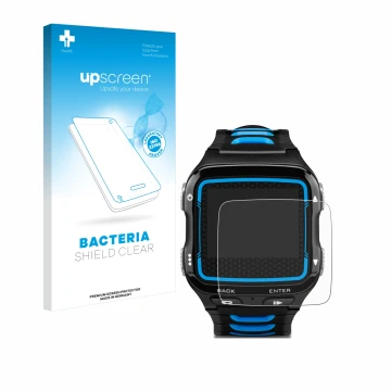 Vorderseite einer Produktverpackung mit dem Markenlogo upscreen. Daneben ist das Gerät Garmin Forerunner 920XT mit dem zugehör