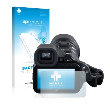 Vorderseite einer Produktverpackung mit dem Markenlogo upscreen. Daneben ist das Gerät JVC GC-PX100BEU mit dem zugehörigen Dis