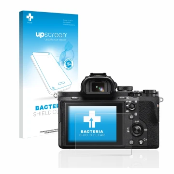 Vorderseite einer Produktverpackung mit dem Markenlogo upscreen. Daneben ist das Gerät Sony Alpha 7 II (ILCE-7M2) mit dem zuge