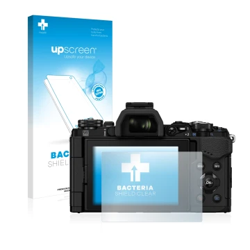 Vorderseite einer Produktverpackung mit dem Markenlogo upscreen. Daneben ist das Gerät Olympus OM-D E-M5 Mark II mit dem zugeh