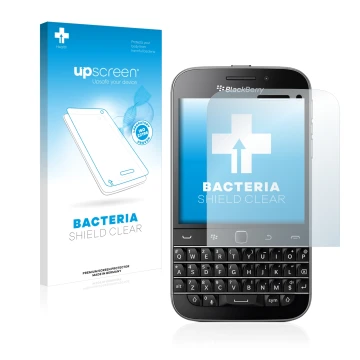 Vorderseite einer Produktverpackung mit dem Markenlogo upscreen. Daneben ist das Gerät Blackberry Classic Q20 mit dem zugehöri