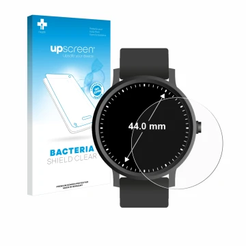 Vorderseite einer Produktverpackung mit dem Markenlogo upscreen. Daneben ist das Gerät Armbanduhren (Kreisrund, ø: 44 mm) mit 