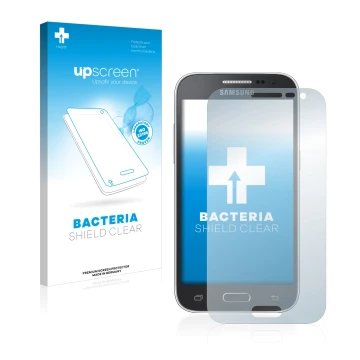 Vorderseite einer Produktverpackung mit dem Markenlogo upscreen. Daneben ist das Gerät Samsung Galaxy Core Prime G360 mit dem 