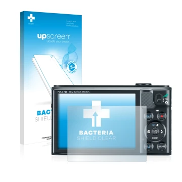 Vorderseite einer Produktverpackung mit dem Markenlogo upscreen. Daneben ist das Gerät Canon PowerShot SX610 HS mit dem zugehö