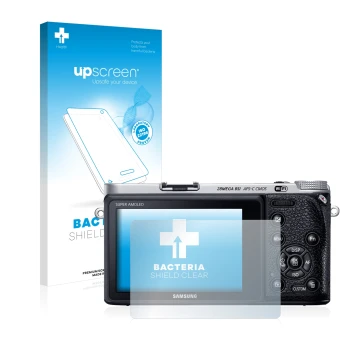 Vorderseite einer Produktverpackung mit dem Markenlogo upscreen. Daneben ist das Gerät Samsung NX500 mit dem zugehörigen Displ