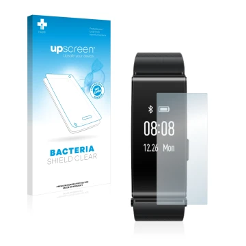 Vorderseite einer Produktverpackung mit dem Markenlogo upscreen. Daneben ist das Gerät Huawei TalkBand B2 mit dem zugehörigen 