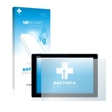 Vorderseite einer Produktverpackung mit dem Markenlogo upscreen. Daneben ist das Gerät Sony Xperia Z4 Tablet mit dem zugehörig