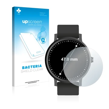 Vorderseite einer Produktverpackung mit dem Markenlogo upscreen. Daneben ist das Gerät Armbanduhren (Kreisrund, ø: 47 mm) mit 