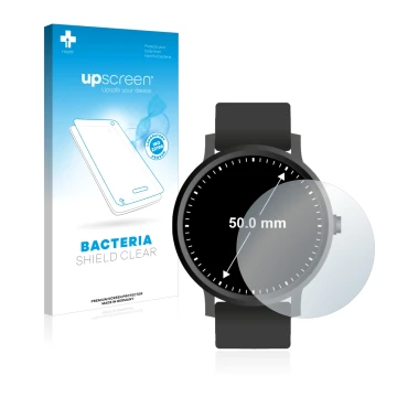 Vorderseite einer Produktverpackung mit dem Markenlogo upscreen. Daneben ist das Gerät Armbanduhren (Kreisrund, ø: 50 mm) mit 
