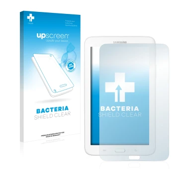 Vorderseite einer Produktverpackung mit dem Markenlogo upscreen. Daneben ist das Gerät Samsung Galaxy Tab 3 SM-T113 mit dem zu