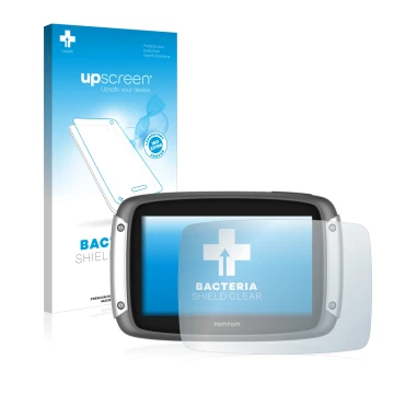 Vorderseite einer Produktverpackung mit dem Markenlogo upscreen. Daneben ist das Gerät TomTom Rider 400 mit dem zugehörigen Di