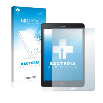 Vorderseite einer Produktverpackung mit dem Markenlogo upscreen. Daneben ist das Gerät Samsung Galaxy Tab A 9.7 mit dem zugehö