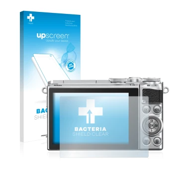 Vorderseite einer Produktverpackung mit dem Markenlogo upscreen. Daneben ist das Gerät Nikon 1 J5 mit dem zugehörigen Displays