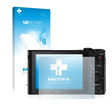 Vorderseite einer Produktverpackung mit dem Markenlogo upscreen. Daneben ist das Gerät Sony Cyber-Shot DSC-WX500 mit dem zugeh