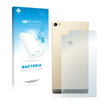 Vorderseite einer Produktverpackung mit dem Markenlogo upscreen. Daneben ist das Gerät Huawei P8 Max (Rückseite) mit dem zugeh