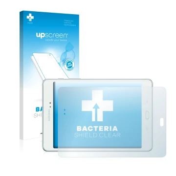 Vorderseite einer Produktverpackung mit dem Markenlogo upscreen. Daneben ist das Gerät Samsung Galaxy Tab A 8.0 mit dem zugehö
