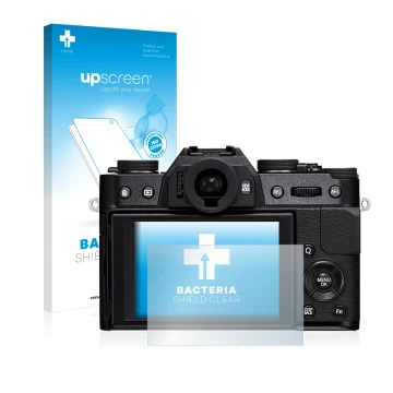 Vorderseite einer Produktverpackung mit dem Markenlogo upscreen. Daneben ist das Gerät Fujifilm X-T10 mit dem zugehörigen Disp